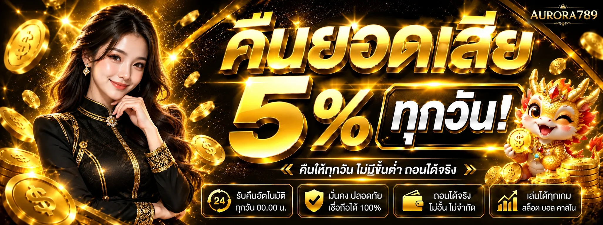 แบนเนอร์คืนยอดเสีย AURORA789 พร้อมมาสคอตมังกร